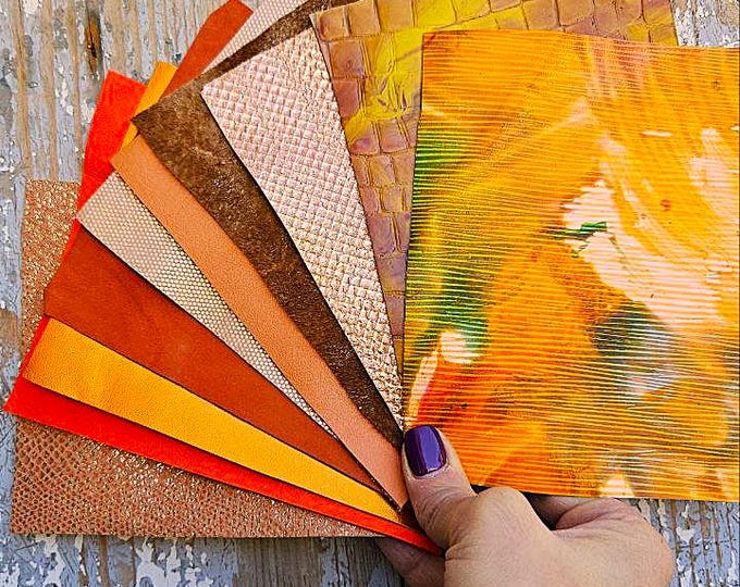 10 Selected leather scraps, ORANGE tones, printed and metalic printed,mix selection leather pieces as per pictures RT268   La Garzarara