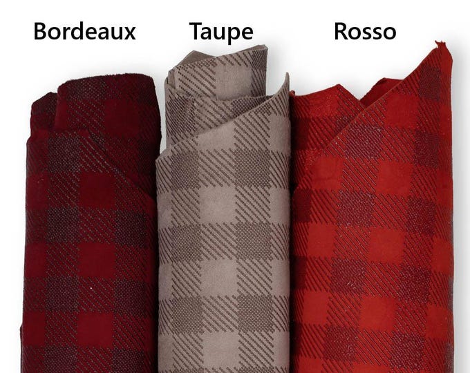 PLAID printed leather skin, taupe - bordeaux - red,  GINGHAM pattern on matt soft suede goat hides for hobbyists B19137-ST La Garzarara