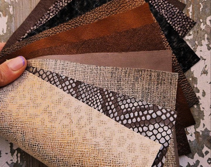 10 Selected leather scraps, PLATINUM and BROWN colors, printed and foils various, mix selection leather remnants as per pictures RT207