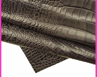 Grey CROCODILE embossed cowhide, alligator embossed leather hide, animal print glossy stiff calfskin B15444-ST La Garzarara