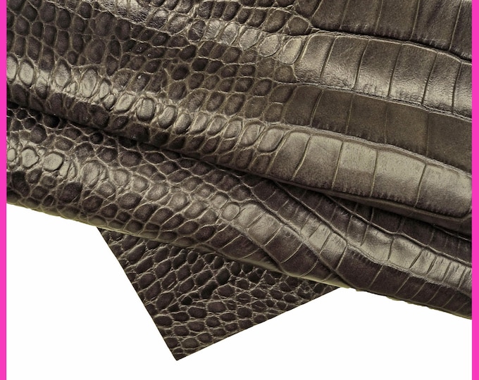 Grey CROCODILE embossed cowhide, alligator embossed leather hide, animal print glossy stiff calfskin B15444-ST La Garzarara