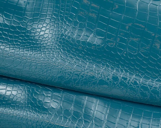 CROCODILE embossed leather skin, blue alligator printed goatskin, glossy soft PATENT goatskin for  crafters B19557-ST