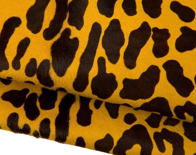 LEOPARD printed hair on leather hide, yellow - brown CHEETAH textured pony calfskin, animal printed hairy cowhide  B18380-CV La Garzarara