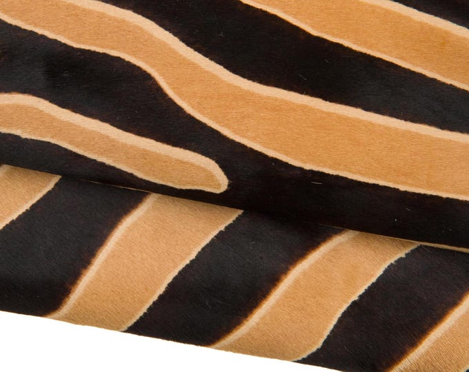 ZEBRA printed HAIR ON leather hide, beige-brown zebra textured pony calfskin, soft cowhide for crafting B18564-cv  La Garzarara