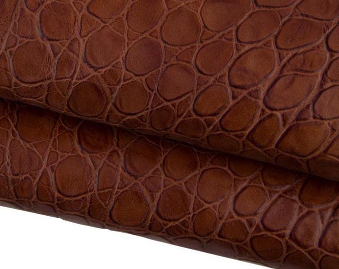 Brown CROCODILE embossed leather hide, animal printed cowhide, glossy soft calfskin, ideal for hobbyists B17333-ST La Garzarara