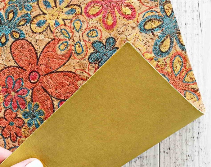 CORK 4"x6" 8"x10" 12"x12" Multicolor colorful floral Print blue Cork applied to Leather thick 3.5oz/1,4mm   B903