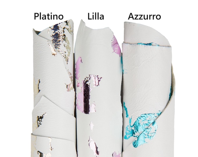 White METALLIC textured leather skins, ABSTRACT print on soft lambskin, sheepskin for diy projects B17704-MT(st) La Garzarara