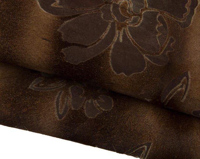 Brown FLORAL textured hair on leather hide, flower print on soft pony calfskin B17428-CV La Garzarara