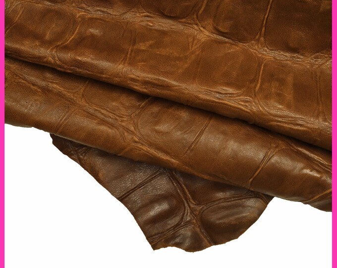 Brown CROCODILE embossed leather skin, maxi croc print on sporty goatskin semi glossy soft hide B16396-ST La Garzarara