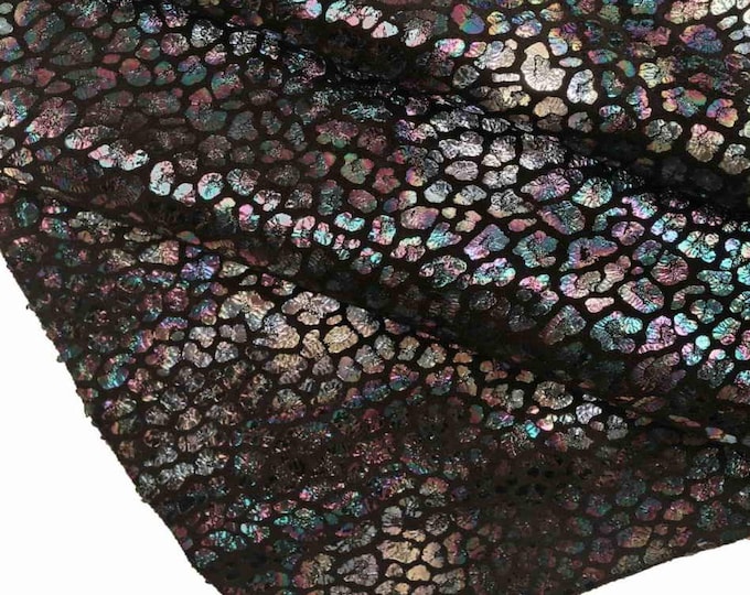 HOLOGRAPHIC LEATHER leather hide, animal pattern - cheetah print - on black cowhide, iridescent metallic calfskin B13159-MT(st)/B