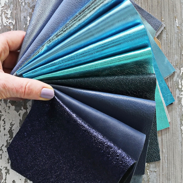 10 Leather scraps Blue, Sky Blue and Turchoise metallic and NOT, smooth, solid tones, grains various, random assortment  B1535  La Garzarara