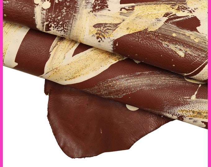 Handcrafted Burgundy & Gold Leather Skin, Hand-Painted Lambskin with Cream and Gold Splash Print B16189-DM La Garzarara