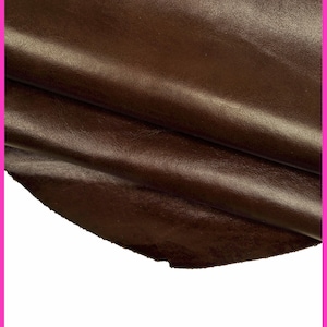 BROWN veg tan CALF leather hide – glossy smooth dark brown sporty cowhide skin, slightly stiff with light wrinkles B14789-TU La Garzarara