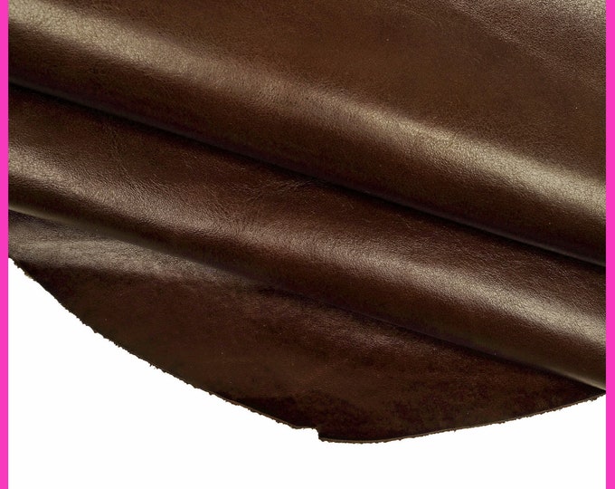 BROWN veg tan CALF leather hide – glossy smooth dark brown sporty cowhide skin, slightly stiff with light wrinkles B14789-TU La Garzarara