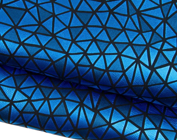 Blue black METALLIC geometrical leather hide, TRIANGLES print on glossy goatskin bright and soft leather skin B18765-MT(st)   La Garzarara