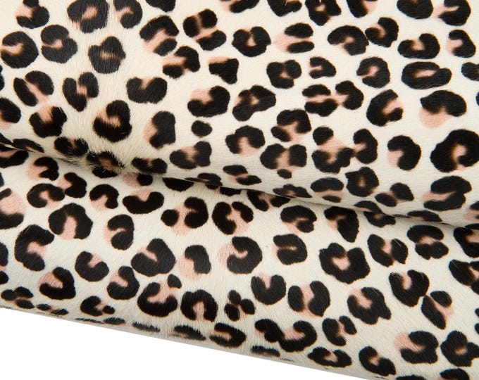 Leopard printed HAIR ON  leather hide, brown - pink pale CHEETAH texture on cream pony calfskin, cowhide for crafting B18644-cv