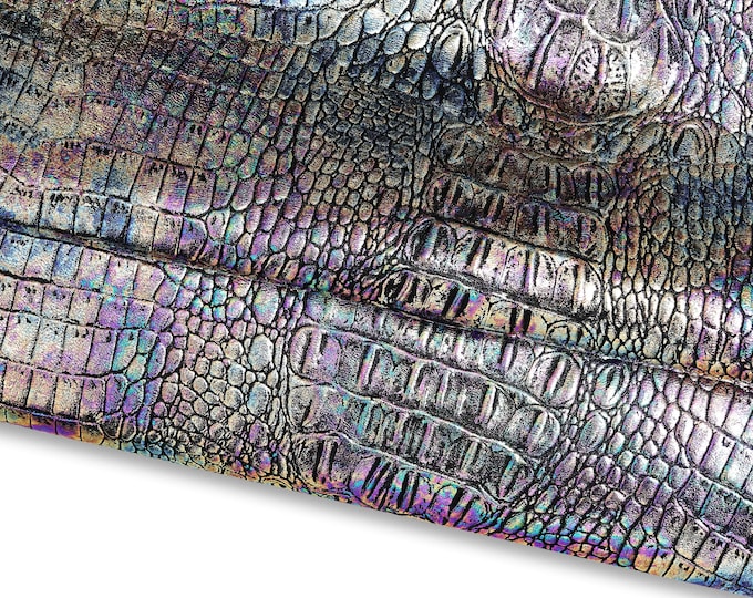 HOLOGRAPHIC CROCODILE embossed leather hide, iridescent metallic alligator printed goatskin, multicolor soft leather B17214-MT(st)