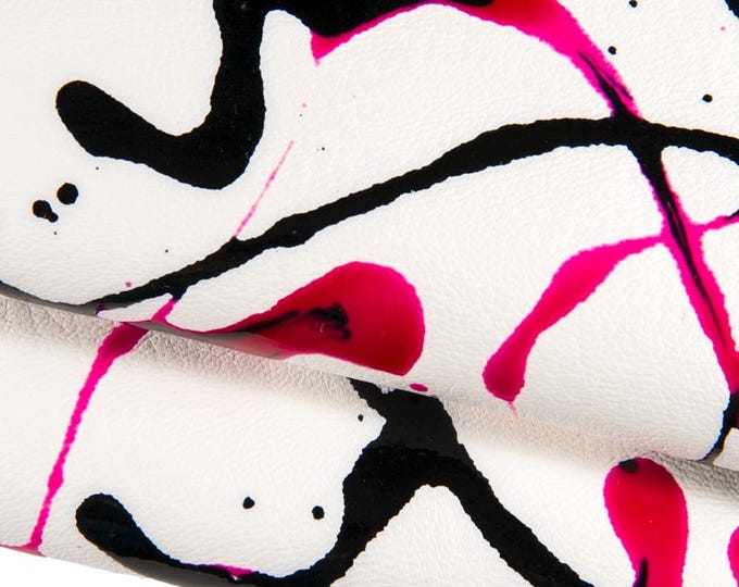 FUCHSIA SKETCH painted leather skin, white goatskin pink black texture, handcrafted pollock printed skin B16854-DM