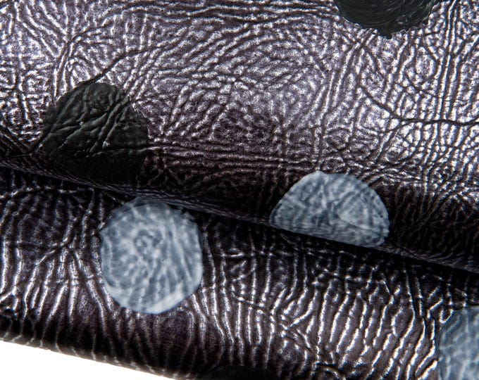 White black POLKA DOTS printed leather hide, anthracite metallic goatskin wrinkled effect painted by hand for DIY  B18388-dm   La Garzarara