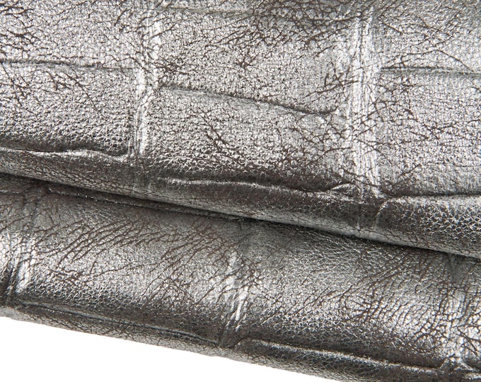 Silver brown maxi CROCODILE printed leather hide, embossed metallic cowhide, soft, luxurious calfskin for crafting B18560-MT(ST)