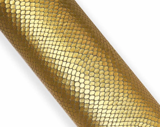 Gold PYTHON leather hide, GOLDEN metallic reptile printed cowhide, glossy snake textured calfskin B18046-MT(st) La Garzarara