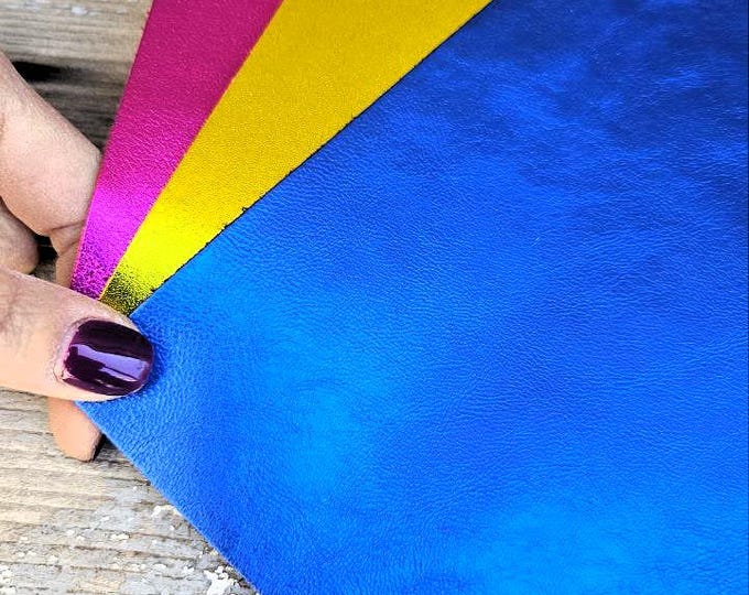 Vivid metallic precut leathers - 3 Selected leather scraps, BRIGHT tones, , offcuts pieces very soft 8x10" / 20x25 cm   RT319  La Garzarara
