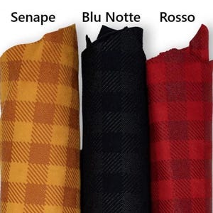 May include: Three fabric swatches in mustard yellow, black, and red, each with a plaid pattern. The mustard yellow swatch is labeled "Senape", the black swatch is labeled "Blu Notte", and the red swatch is labeled "Rosso".