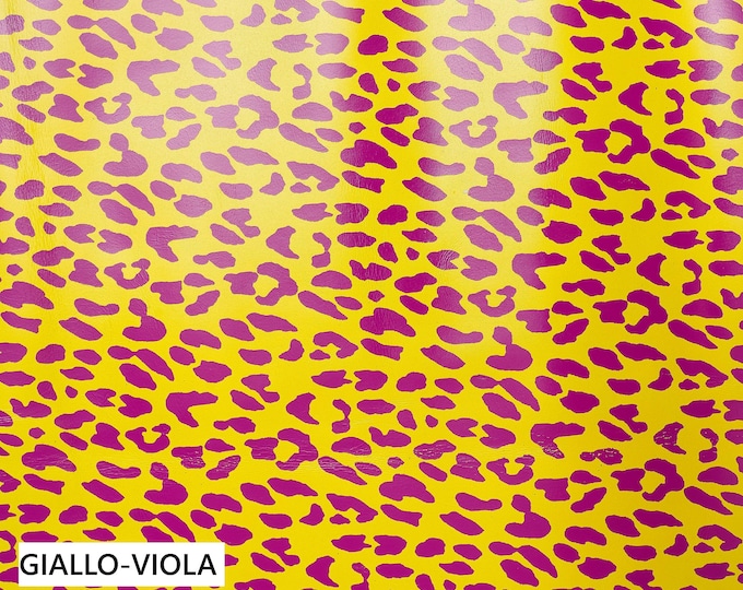 LEOPARD textured leather hide, purple cheetah print on yellow or white calfskin, bicolor glossy soft animal printed cowhide B16872-ST