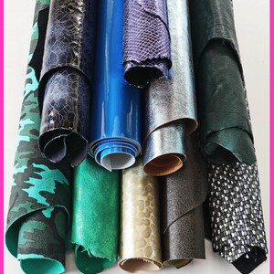 Wholesale of random leather hides, lot of 10 BLUE, GREEN full skins, stock of smooth metallic, printed matching skins B14836-ST La Garzarara