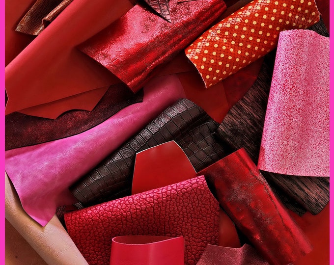 Leather scraps bag, RED and PINK tones, fancy textures, foils and softness various  0,7 lbs - 1 lbs - 1,7 lbs - 2 lbs  B052   La Garzarara