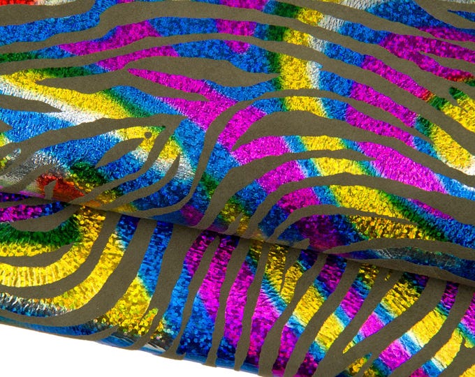 IRIDESCENT multicolor ZEBRA printed leather skin, military green suede goatskin - metallic animal print  B17828-MT(st)   La Garzarara