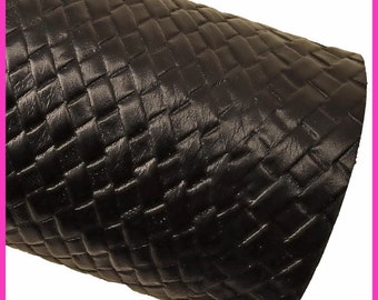 BLACK weave printed cowhide, braided embossed leather hide, quite glossy calfskin, semi-stiff B16255-TB La Garzarara