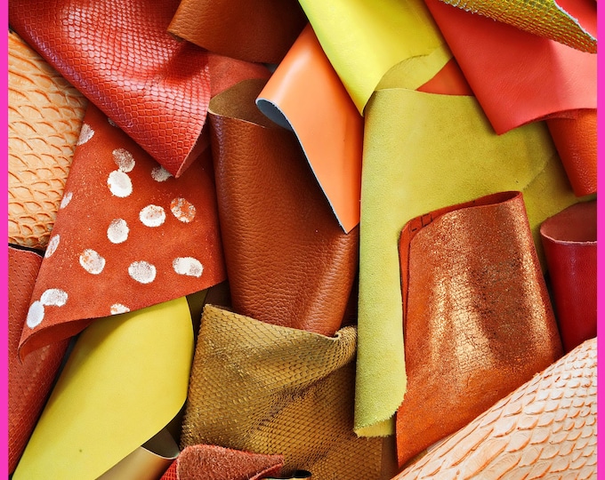 Leather scraps bag, YELLOW, GOLD and ORANGE tones, fancy textures, foils and softness various,, in total for 1 lbs and 2 lbs B055