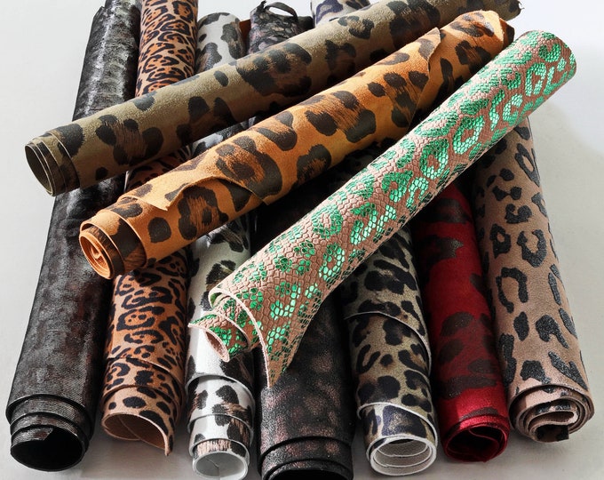 Leather scraps -  LEOPARD textures, foils and softnes various, italian leather pieces   1 lbs   B1460-RC  La Garzarara