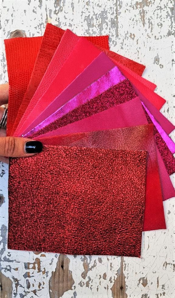 10 Selected leather scraps, color RED and FUCHSIA printed, foils, mix  colorful selection pre-cut leather remnants as per pictures R96