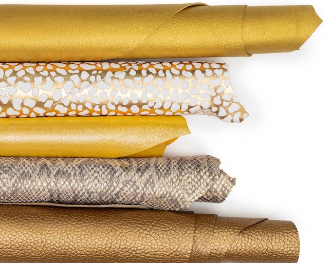 Lot of 5 GOLD leather hides, pack of matching printed, metallic and holographic goatskin hides for hobbyists B19004-MT(ST)  La Garzarara