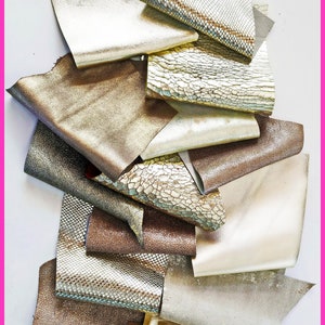 Sacchetto di ritagli di pelle miste, color PLATINO, stampe, fantasie e morbidezze varie   0,300 kg   B1390-RC   La Garzarara