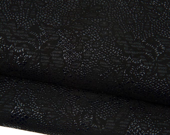 Black FLORAL textured leather skin, flower print on black SUEDE goatskin, hide for diy projects B18501-TB La Garzarara