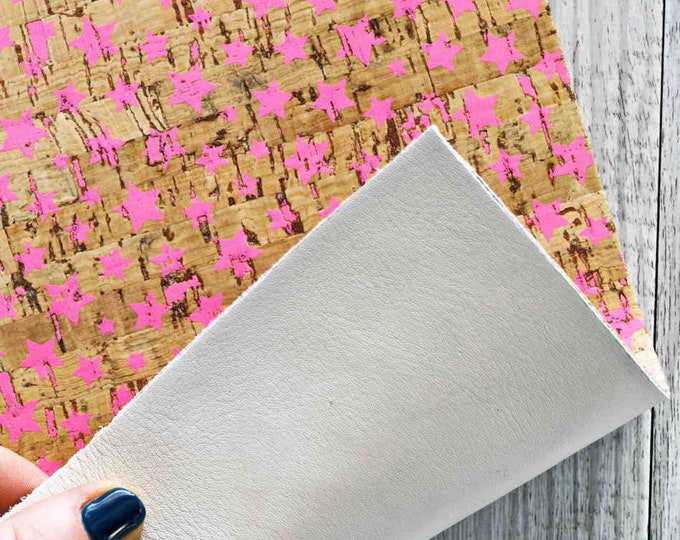 Cork Leather - Pink stars - Cork Printed Leather - Cowhide Backed Cork Sheets B831