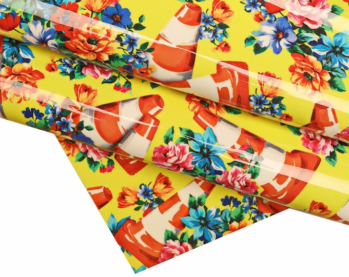 MULTICOLOR FLORAL leather hide, yellow patent cowhide with floral print and cones, glossy calfskin, 1.0-1.2mm B16260-ST La Garzarara