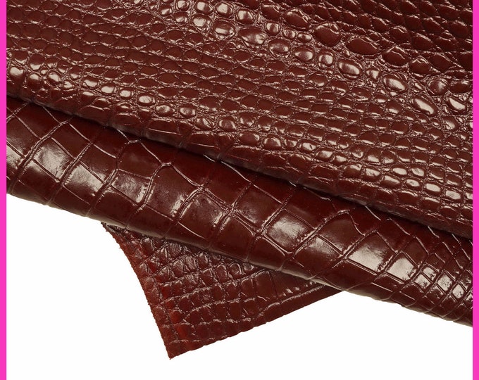 BURGUNDY CROCODILE embossed leather hide, glossy stiff cowhide, animal print calfskin B15434-ST La Garzarara