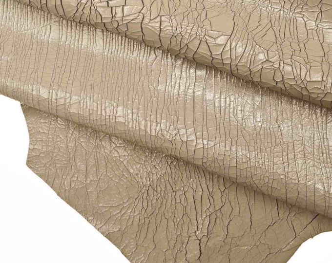 GRAY cracked CRACKLE leather skins, black goatskin textured craquele' - shiny soft vintage hides B12621-MT(st) La Garzarara