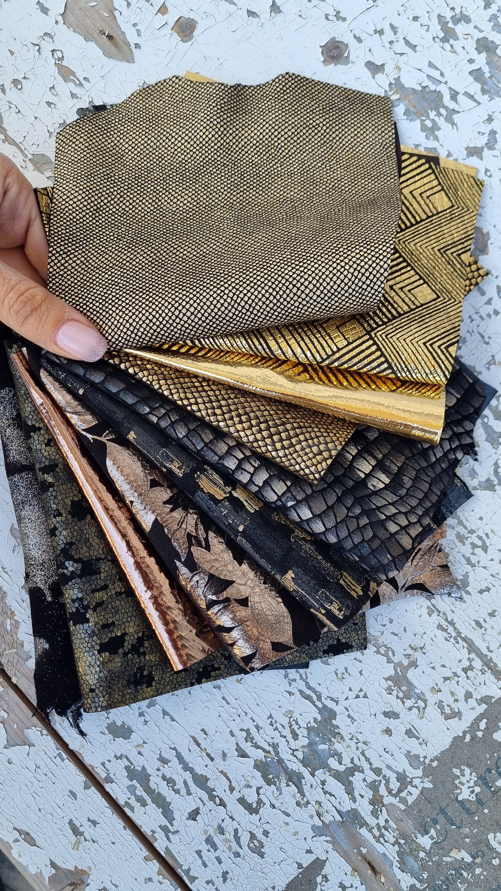 10 Selected leather SCRAPS, brown tones, mix METALLIC printed selection of  leather remnants as per pictures
