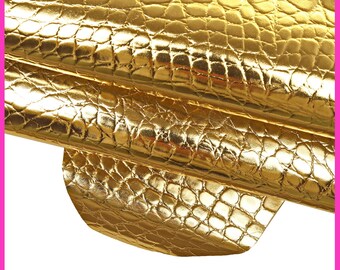 Gold CROCODILE embossed leather hide, golden metallic cowhide, glossy printed calfskin, semi-soft B16254-MT(st) La Garzarara