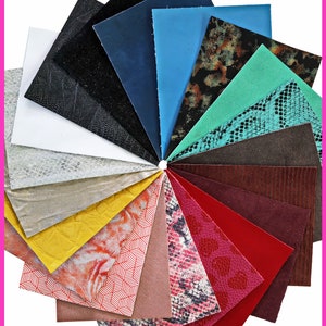 20 Ritagli di pelle casuali, stampati, scampoli di pellame tinta unita, laminati, pezzi pretagliati assortimento MIX, 15x12 cm B14361-PZ