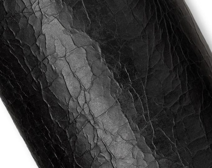 Black WRINKLED crackled leather hide, glossy SPORTY soft calfskin 0.6 - 0.9 mm for crafters B19677-TB La Garzarara