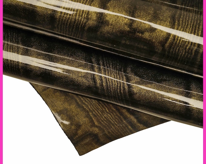 Dark green PYTHON textured leather hide, snake print on patent cowhide, glossy stiff calfskin B15883-ST La Garzarara