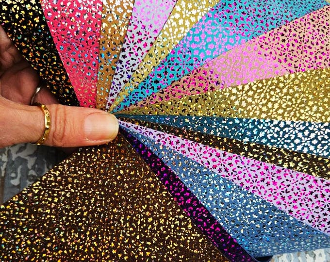Leather scraps, random selection, multicolor GLITTER sparkles tones, FLOWERS print , 10 pieces selected from the colors of the photos  RT264
