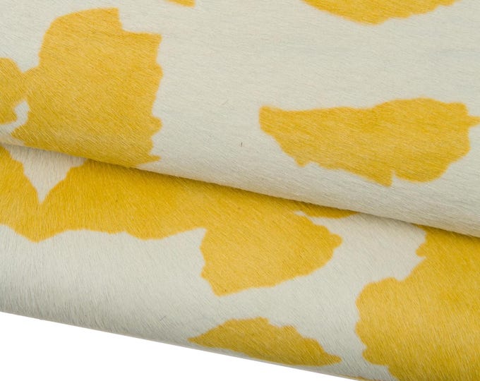 COW printed hair on leather hide, milk white - yellow ANIMAL textured pony calfskin, luxurious cowhide for crafting B18383-CV  La Garzarara