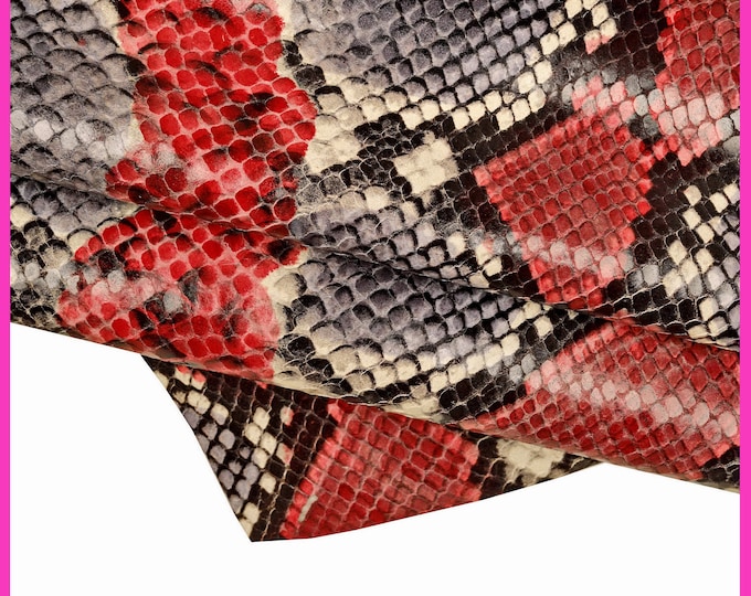 PYTHON TEXTURED leather skin, grey red glossy reptile animal printed goatskin, soft snake pattern hide B15309-ST La Garzarara